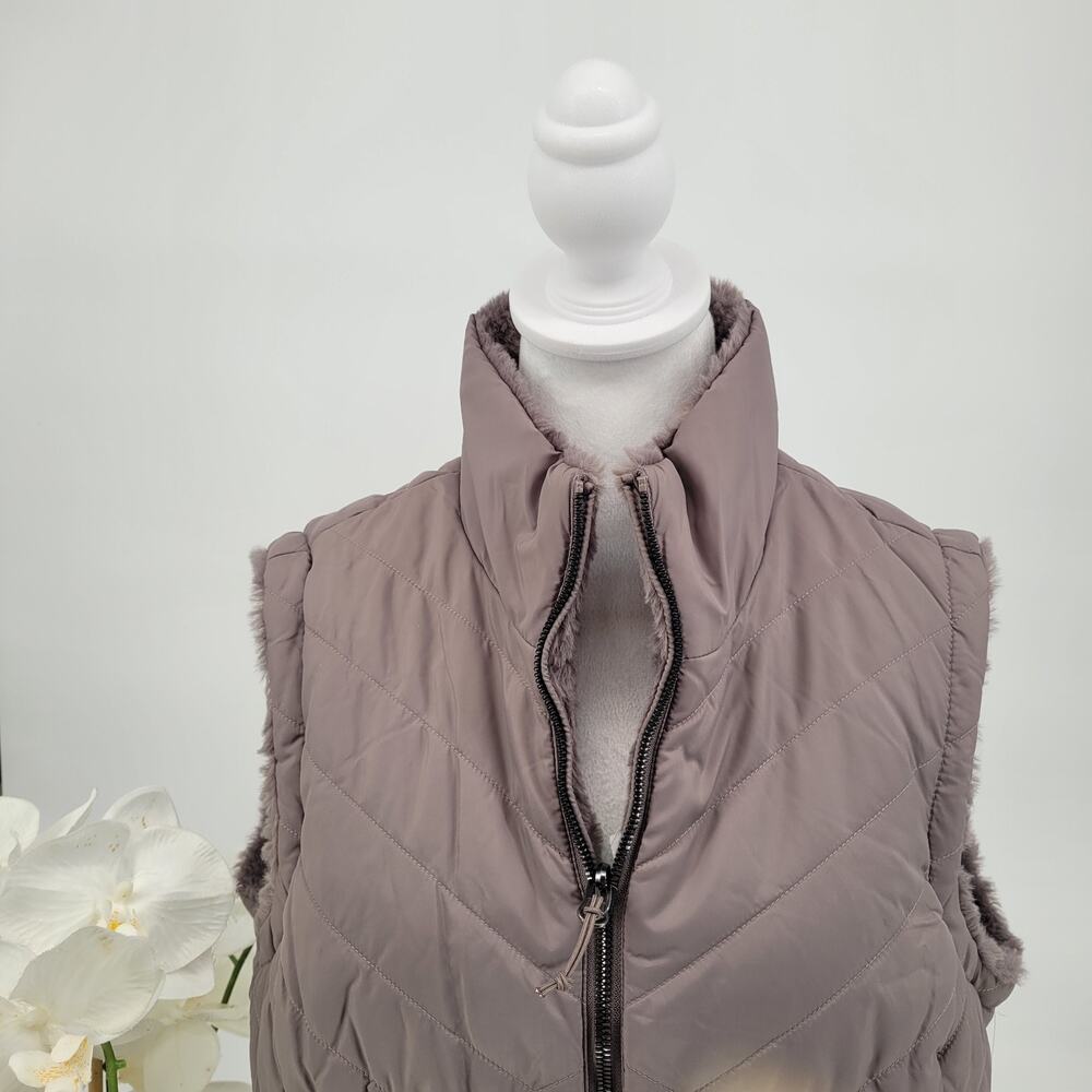 NWT Free Country Taupe Quilted Faux Fur Reversible Zip Puffer Vest Size L - Picture 3 of 13